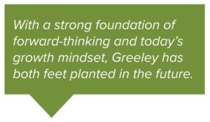Graphic that says with a strong foundation of forward-thinking and today's growth mindset, Greeley has both feet planted in the future.